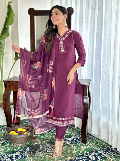 Fascinating Burgundy Chanderi Silk Casual Wear Pant Suit With Dupatta